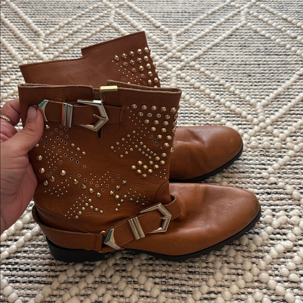 Zara Studded Brown Leather Ankle Boots